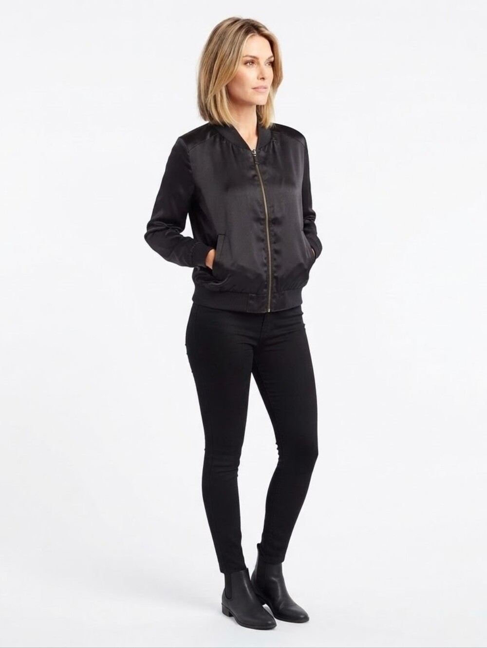Supply & Demand Black Chandler Bomber Jacket Satin Zip Up Size Small NWT